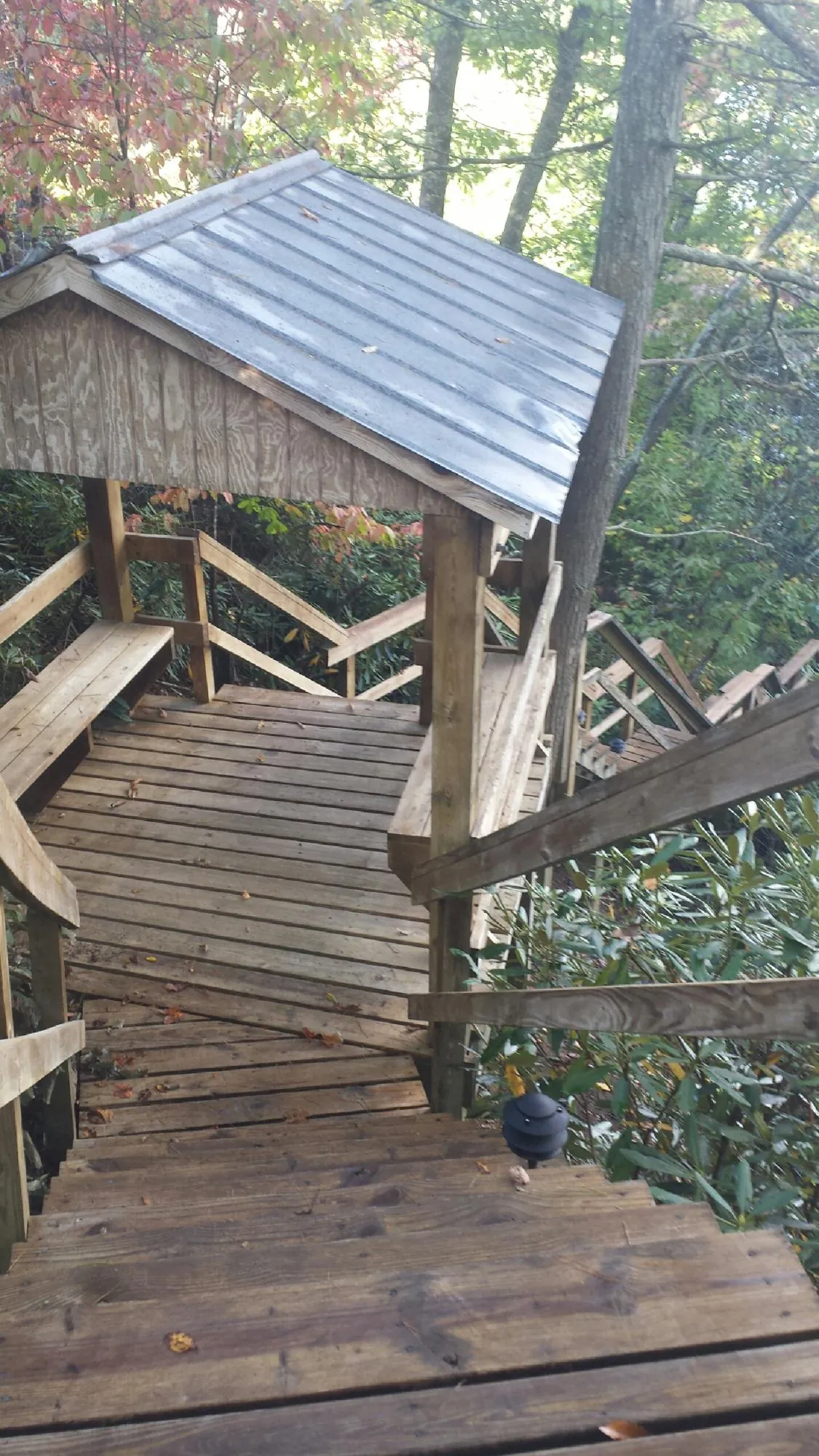 Metal roofed shelter over wooden steps on a wooded walkway — Skylight Repair & Installation work by our crew in Itasca